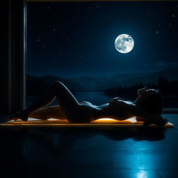 An artistic and realistic photo capturing the illuminated silhouette of a young, slender woman in a swimsuit, lying on her side on a lounger under the light of a full moon in a completely dark space