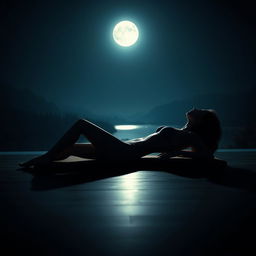 An artistic and realistic photo capturing the illuminated silhouette of a young, slender woman in a swimsuit, lying on her side on a lounger under the light of a full moon in a completely dark space