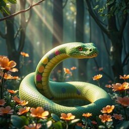 A hyper-realistic 3D green wood snake, embodying a fantasy aesthetic with hybrid features, situated in an enchanting mythical forest