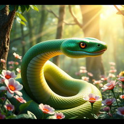 A hyper-realistic 3D green wood snake, embodying a fantasy aesthetic with hybrid features, situated in an enchanting mythical forest