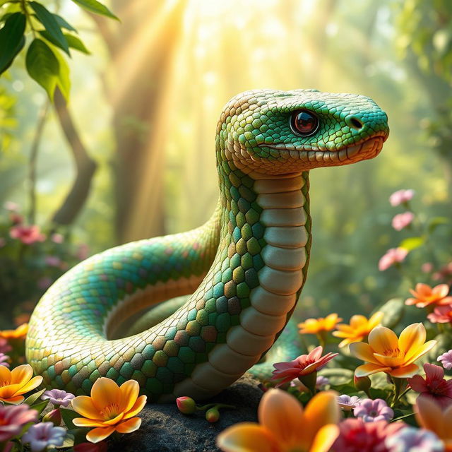 A hyper-realistic 3D green wood snake, embodying a fantasy aesthetic with hybrid features, situated in an enchanting mythical forest