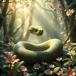 A hyper-realistic 3D green wood snake, embodying a fantasy aesthetic with hybrid features, situated in an enchanting mythical forest