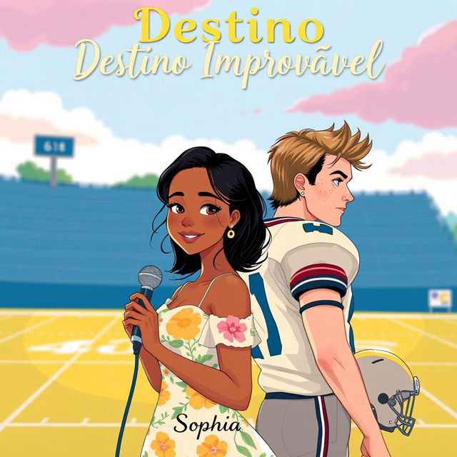 An illustrated cover of a romantic story titled "Destino Improvável" featuring a scene set on a football field during the day