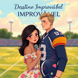 An illustrated cover of a romantic story titled "Destino Improvável" featuring a scene set on a football field during the day