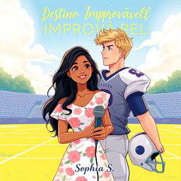 An illustrated cover of a romantic story titled "Destino Improvável" featuring a scene set on a football field during the day