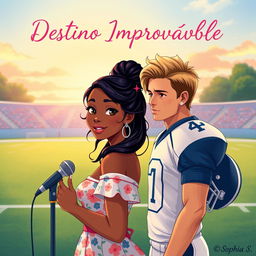 An illustrated cover of a romantic story titled "Destino Improvável" featuring a scene set on a football field during the day