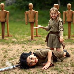 An outdoor training ground with short grass and several wooden training dummies