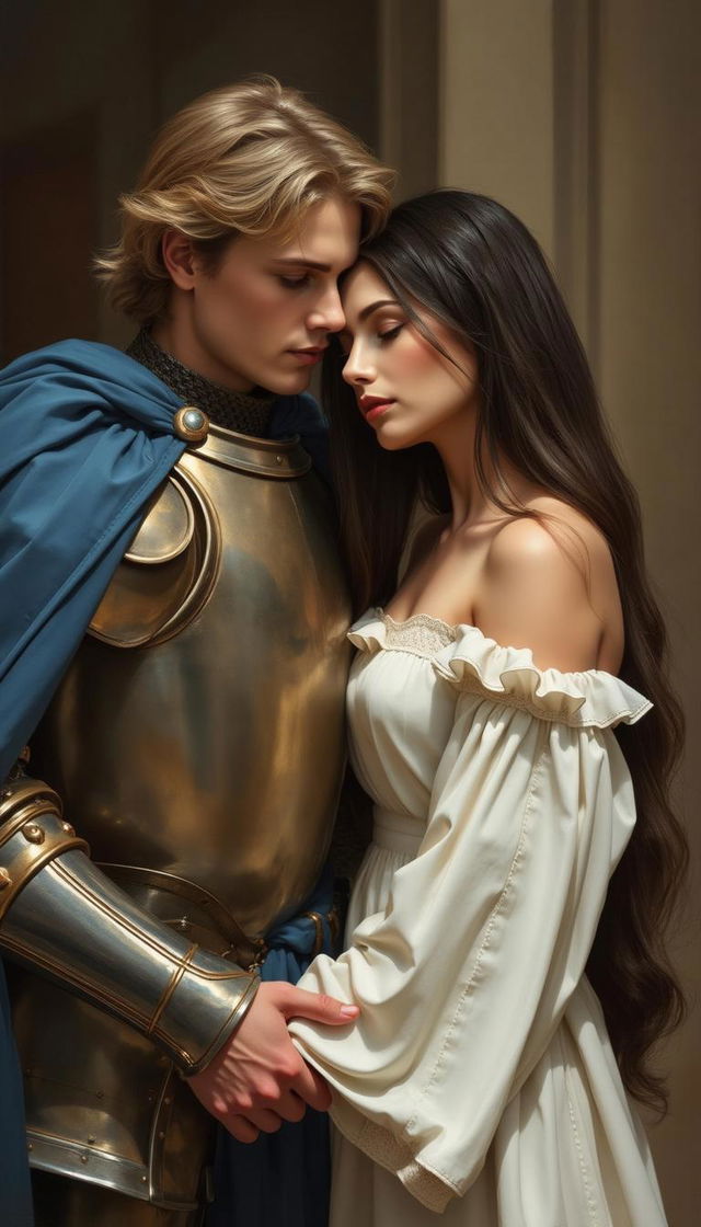 A realistic portrait featuring a young European princess with long black hair and brown eyes, wearing a white dress with wide and long sleeves, holding hands with a young knight in armor with a blue cape, who is blond with blue eyes