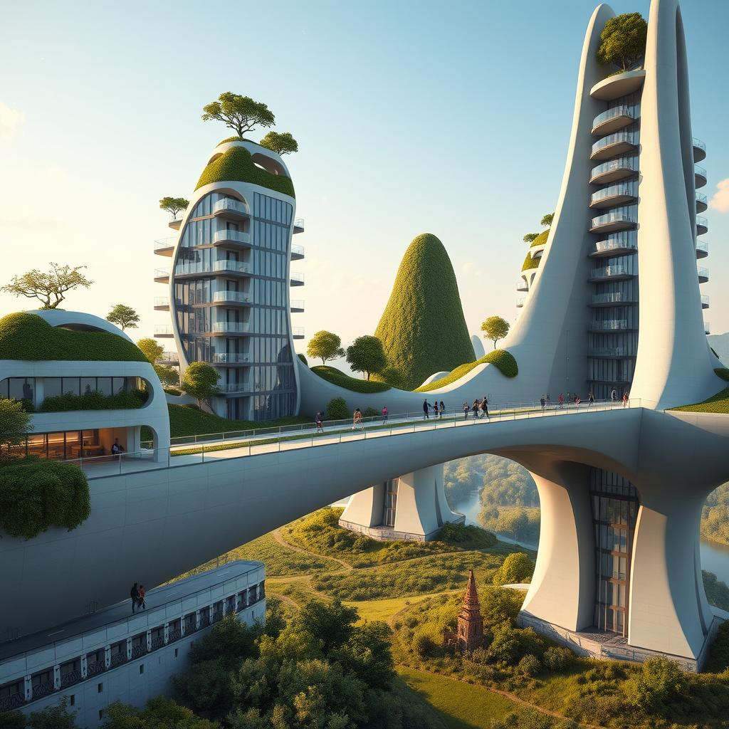 An ultra-realistic, photographic quality image of a bridge in Europe, conceptualized as a seamless structure with adjacent high-rise, multistory buildings in bionic, futuristic forms