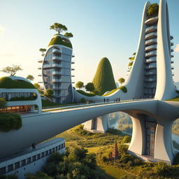 An ultra-realistic, photographic quality image of a bridge in Europe, conceptualized as a seamless structure with adjacent high-rise, multistory buildings in bionic, futuristic forms