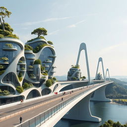 An ultra-realistic, photographic quality image of a bridge in Europe, conceptualized as a seamless structure with adjacent high-rise, multistory buildings in bionic, futuristic forms