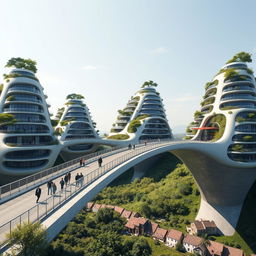 An ultra-realistic, photographic quality image of a bridge in Europe, conceptualized as a seamless structure with adjacent high-rise, multistory buildings in bionic, futuristic forms