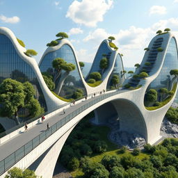 An ultra-realistic, photographic quality image of a bridge in Europe, conceptualized as a seamless structure with adjacent high-rise, multistory buildings in bionic, futuristic forms