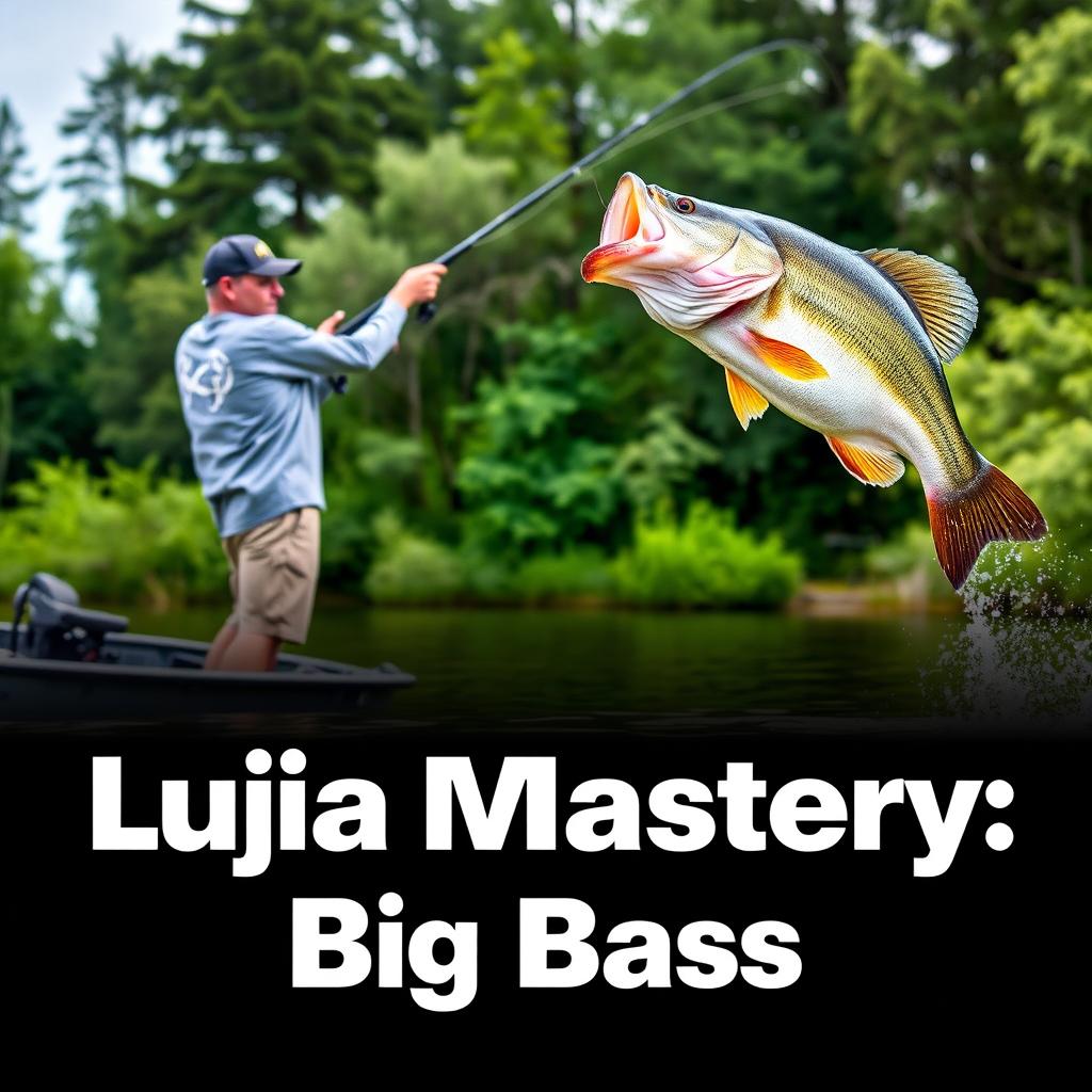 A man in a gray fishing jersey stands on a boat, casting his fishing rod into the water as a large bass fish leaps dramatically, aligning naturally with the fishing line