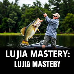 A man in a gray fishing jersey stands on a boat, casting his fishing rod into the water as a large bass fish leaps dramatically, aligning naturally with the fishing line