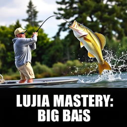 A man in a gray fishing jersey stands on a boat, casting his fishing rod into the water as a large bass fish leaps dramatically, aligning naturally with the fishing line