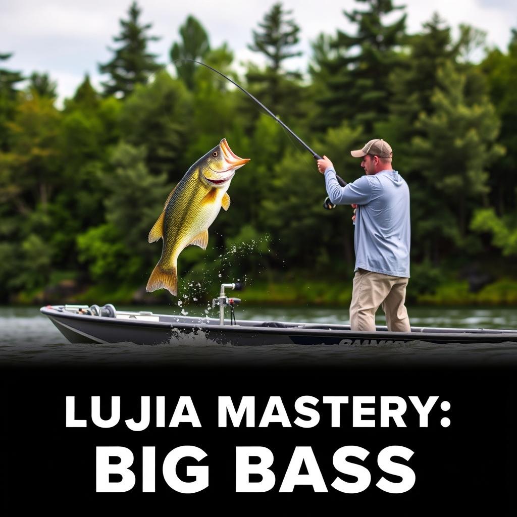 A man in a gray fishing jersey stands on a boat, casting his fishing rod into the water as a large bass fish leaps dramatically, aligning naturally with the fishing line