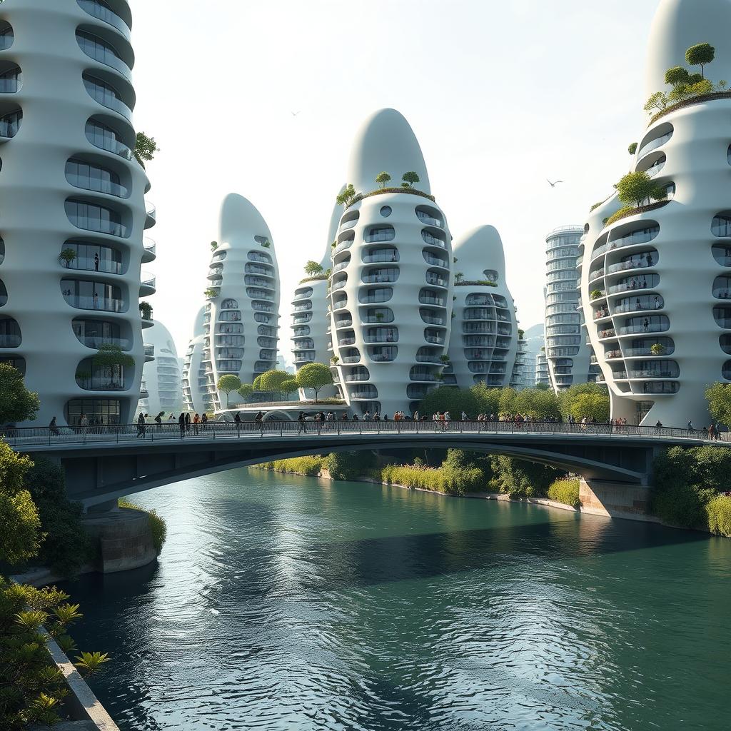 A bridge across a river supporting towering, multi-story buildings featuring bionic, futuristic shapes