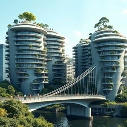 A bridge across a river supporting towering, multi-story buildings featuring bionic, futuristic shapes