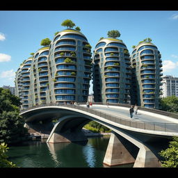 A bridge across a river supporting towering, multi-story buildings featuring bionic, futuristic shapes