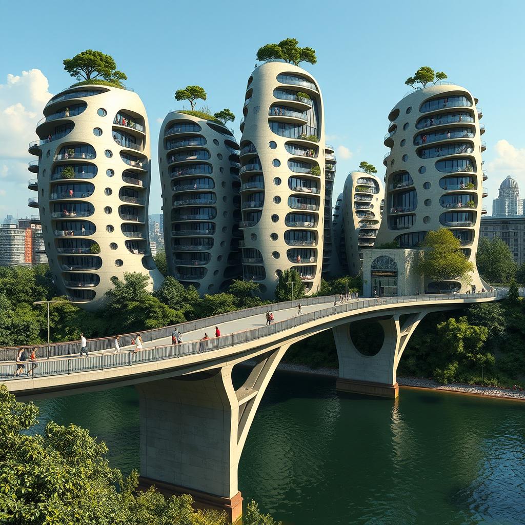 A bridge across a river supporting towering, multi-story buildings featuring bionic, futuristic shapes