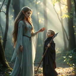 A beautiful elf with long, flowing hair and delicate features, extending her hand to help a young human wizard stand up