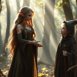 A beautiful elf with long, flowing hair and delicate features, extending her hand to help a young human wizard stand up