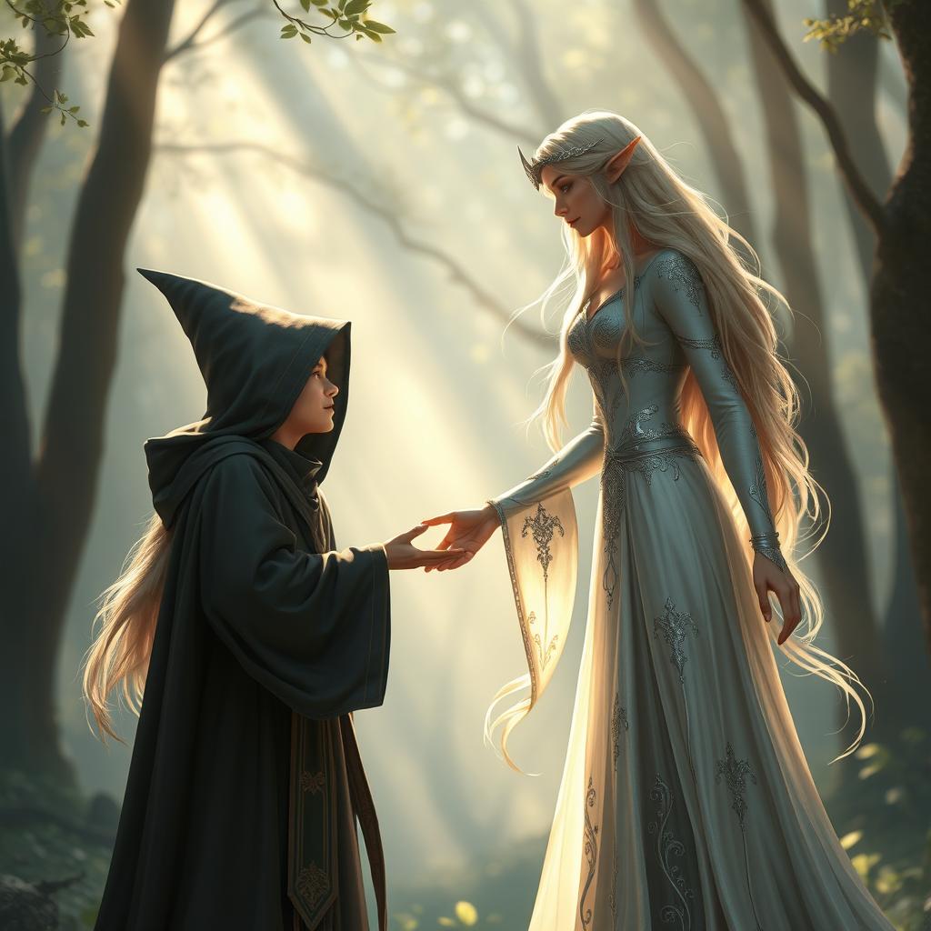 A beautiful elf with long, flowing hair and delicate features, extending her hand to help a young human wizard stand up