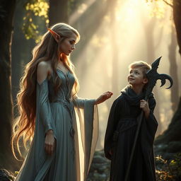 A beautiful elf with long, flowing hair and delicate features, extending her hand to help a young human wizard stand up