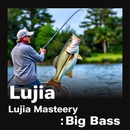 A man in a gray fishing jersey stands on a boat, casting his fishing rod into the water as a large bass fish leaps dramatically, perfectly aligned with the fishing line for a natural look