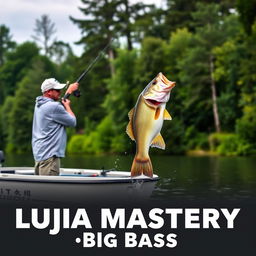 A man in a gray fishing jersey stands on a boat, casting his fishing rod into the water as a large bass fish leaps dramatically, perfectly aligned with the fishing line for a natural look