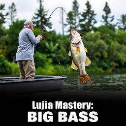 A man in a gray fishing jersey stands on a boat, casting his fishing rod into the water as a large bass fish leaps dramatically, perfectly aligned with the fishing line for a natural look