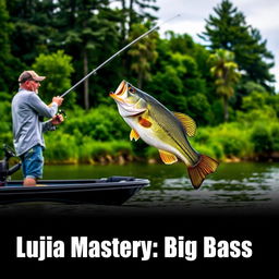 A man in a gray fishing jersey stands on a boat, casting his fishing rod into the water as a large bass fish leaps dramatically, perfectly aligned with the fishing line for a natural look