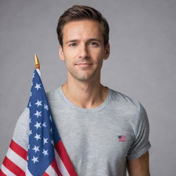 A handsome man in casual attire confidently holding an American flag. His face shows pride and an overwhelming spirit of patriotism.