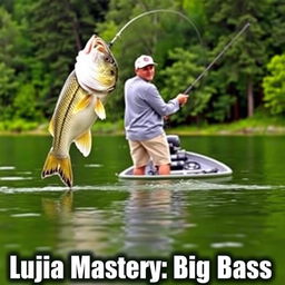 A man in a gray fishing jersey stands on a boat, casting his fishing rod into the water as a large bass fish leaps dramatically, perfectly aligned with the fishing line for a natural appearance