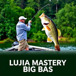 A man in a gray fishing jersey stands on a boat, casting his fishing rod into the water as a large bass fish leaps dramatically, perfectly aligned with the fishing line for a natural appearance