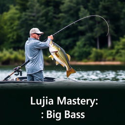 A man in a gray fishing jersey stands on a boat, casting his fishing rod into the water as a large bass fish leaps dramatically, perfectly aligned with the fishing line for a natural appearance