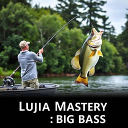 A man in a gray fishing jersey stands on a boat, casting his fishing rod into the water as a large bass fish leaps dramatically, perfectly aligned with the fishing line for a natural appearance