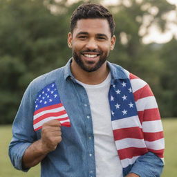 A handsome man in casual attire confidently holding an American flag. His face shows pride and an overwhelming spirit of patriotism.