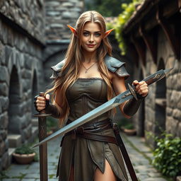 A beautiful elf with long, flowing hair and striking features, dressed in medieval training attire designed for agility and combat