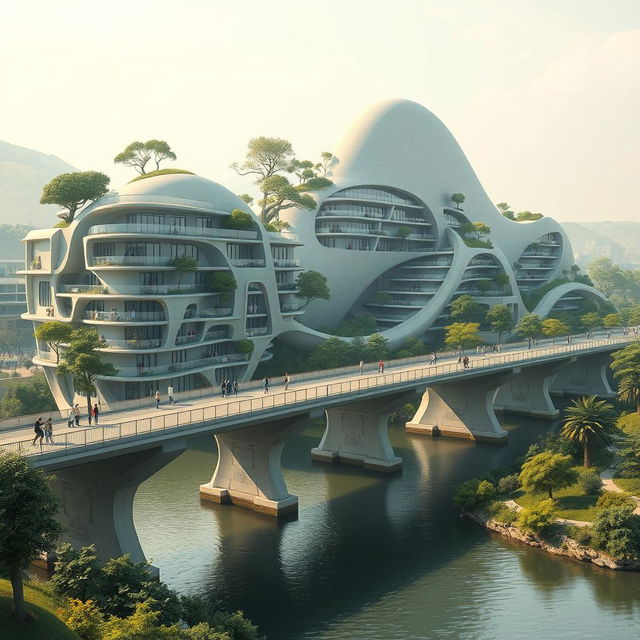 A bridge across a river supporting a towering, multi-story building with a bionic, futuristic form