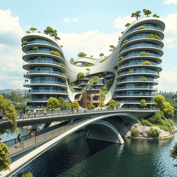 A bridge across a river supporting a towering, multi-story building with a bionic, futuristic form