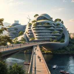 A bridge across a river supporting a towering, multi-story building with a bionic, futuristic form