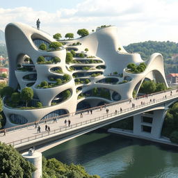 A bridge across a river supporting a towering, multi-story building with a bionic, futuristic form