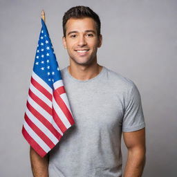 A handsome man in casual attire confidently holding an American flag. His face shows pride and an overwhelming spirit of patriotism.