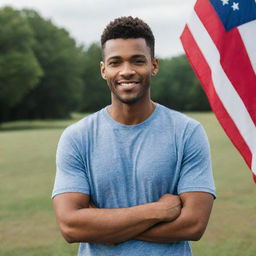 A handsome man in casual attire confidently holding an American flag. His face shows pride and an overwhelming spirit of patriotism.