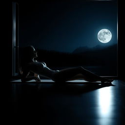 An artistic and realistic photo capturing the illuminated silhouette of a young, slender woman in a swimsuit, lying on her side on a lounger