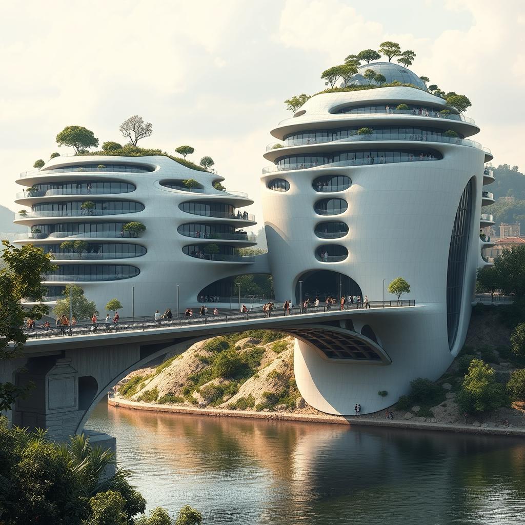 A bridge across a river supporting a towering, multi-story building with a bionic, futuristic form