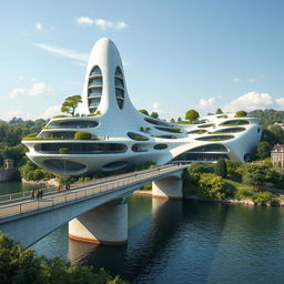 A bridge across a river supporting a towering, multi-story building with a bionic, futuristic form