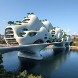 A bridge across a river supporting a towering, multi-story building with a bionic, futuristic form